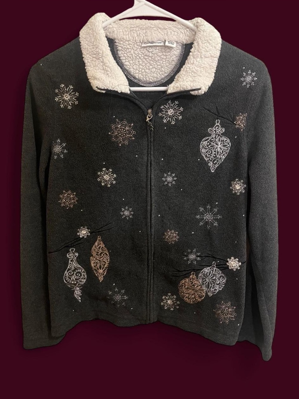 croft & barrow Dark Gray Embroidered Sherpa Collar Zip Jacket